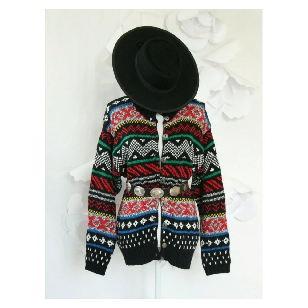 Vintage 80's Aztec Boho Chunky Sweater Cardigan M
